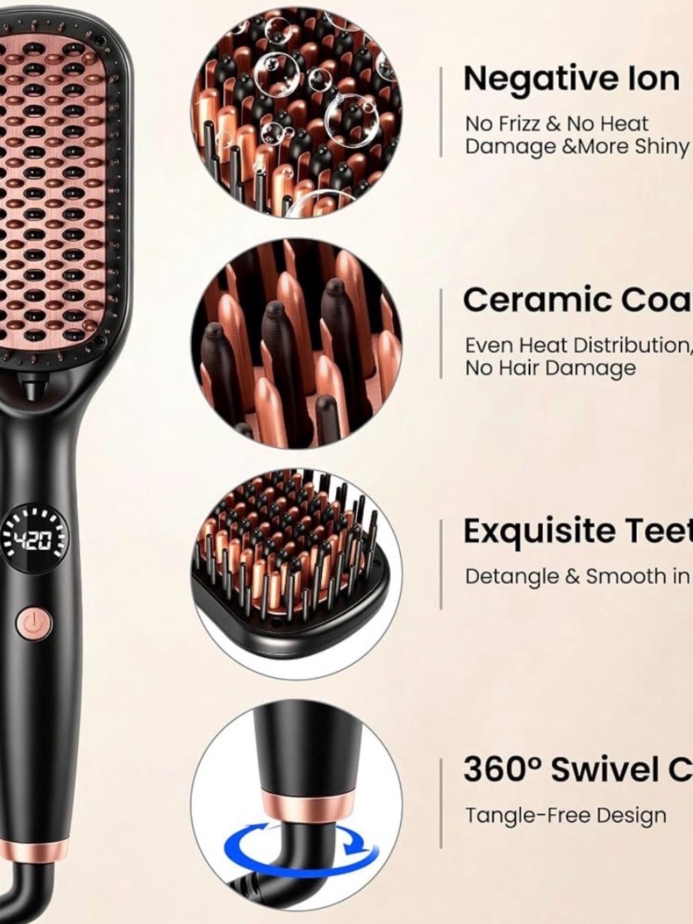 Women’s Ceramic Heated Hair Brush - Black & Rose Gold